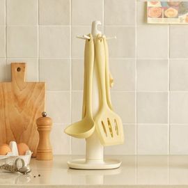 HANSSEM OBJET 7-Piece Silicone Kitchen Utensil Set with Rotating Stand – Heat-Resistant Non-Scratch Cooking Tools (Turner, Ladle, Pasta Ladle, Tongs, Spatula, Peeler) _ Made in KOREA